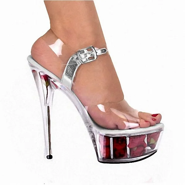 Rose Flower Platform Supper High Heels Sandals Peep Toe Ankle Straps Pvc Clear Shoes Sexy Lady Stage Performance Casual Shoes