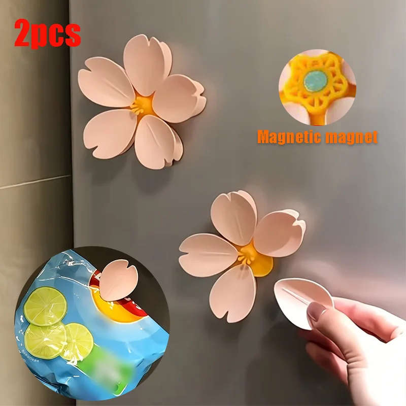 2pcs Sakura Magnetic Fridge Magnet Seal Clip, Petal Sealing Clip, Magnetic Fridge Sticker, Snack Clip, Flower Decoration