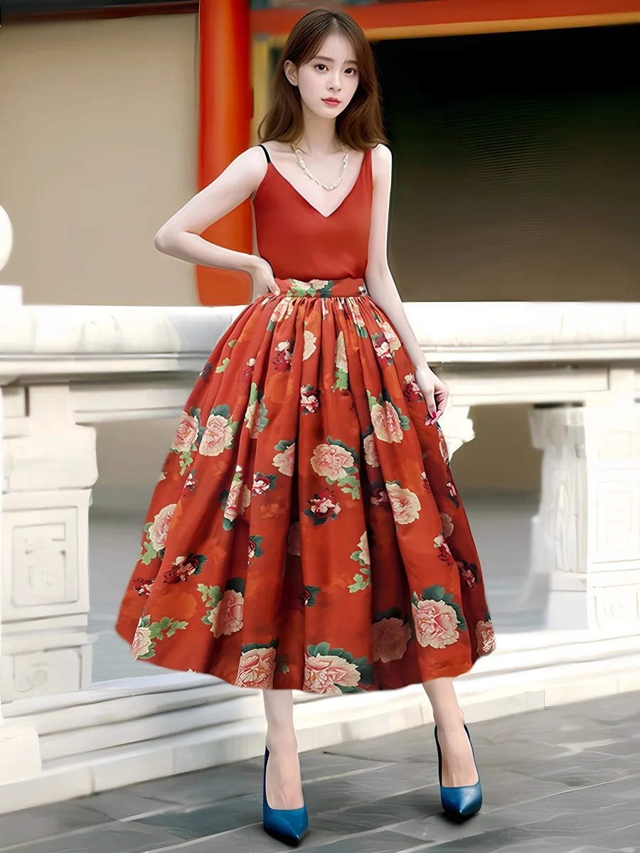 

New Chinese Sle High Waist A-Line Skirt Orange Umbrella Skirt Slimming Midi Skirt Cloth Vintage Puffy Skirt for Women
