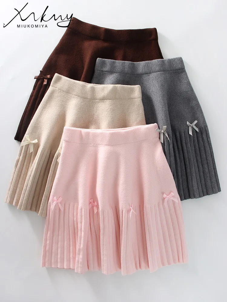 Pleated Knitted Mini Skirts Women Autumn Winter High Waist Short School Skirt Casual Ladies Black Mini Skirt With Bow For Women