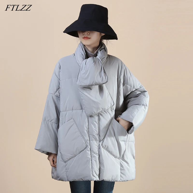 FTLZZ Winter Women Scarf Round Neck Warm Snow Outwear Elegant Female 90% White Duck Down Jacket Casual Loose Solid Coat