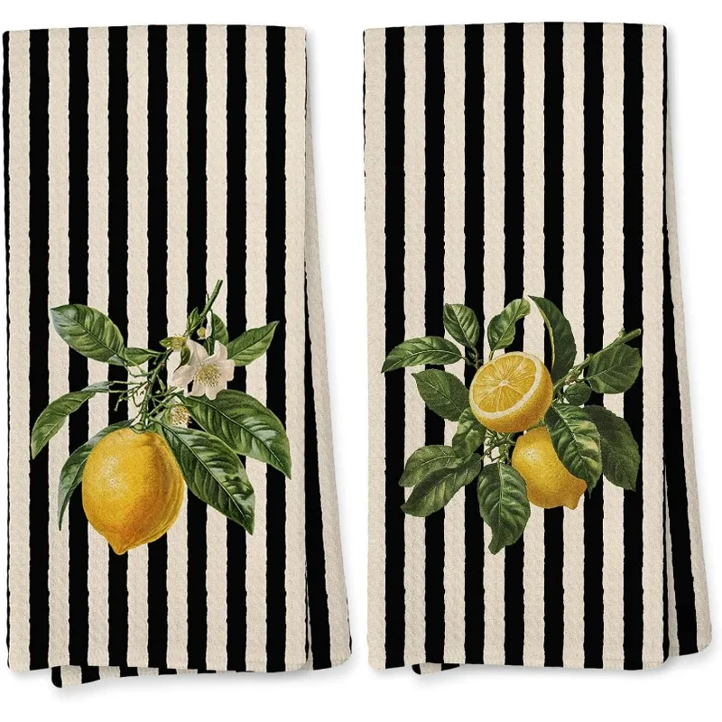 2-Piece towel set, lemon striped kitchen towel, lemon themed ladies gift, hand towel for kitchen and bathroom decoration