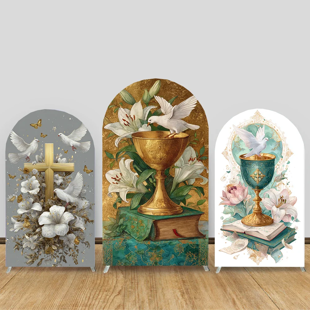 Girl Boy Baptism Arch Cover Backdrop Spring Green Leaves Flowers God Bless Holy Cross Dove Baby Shower Decor Photo Background