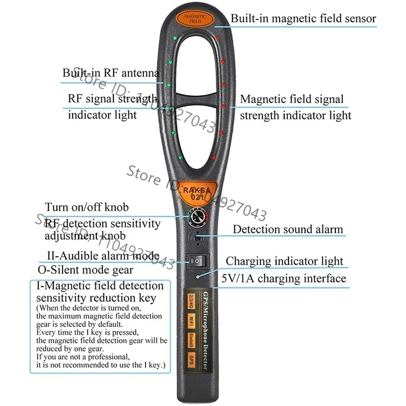 Raksa 021 Handheld Security Scanner Wireless Car GPS Signal Detector for Detect Wireless RF Signal And Magnet Detector