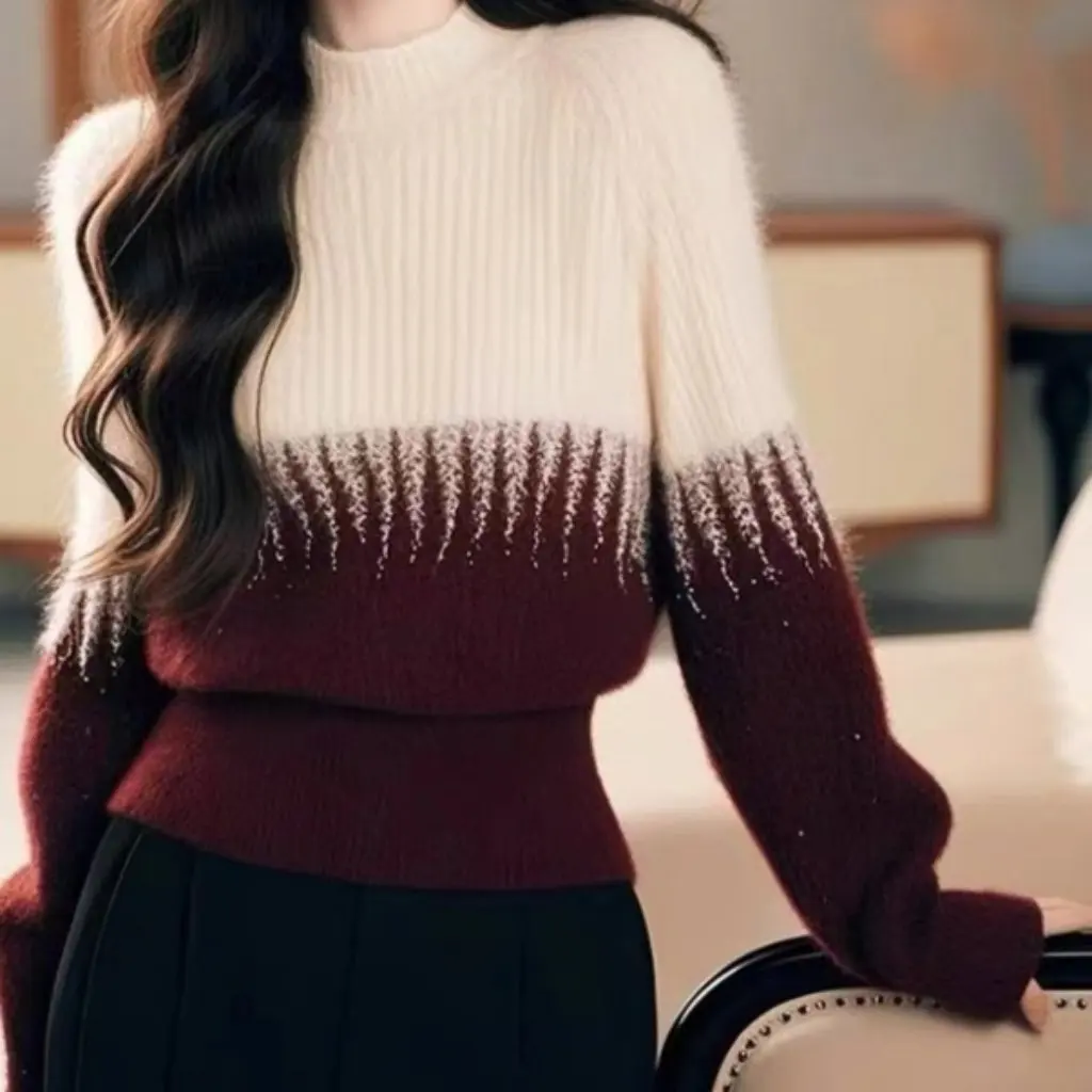 

Женский свитер с полуводолазкой контрастного цвета во французском стиле ретро, элегантный светский вязаный топ на осень-зиму, одноносимый