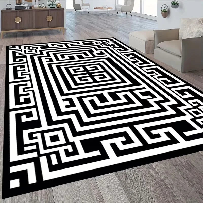 Black White Greek Key Geometric Area Rug Luxury Classic Soft Floor Mat Modern Living Room Bedroom Hallway Indoor Home Rug
