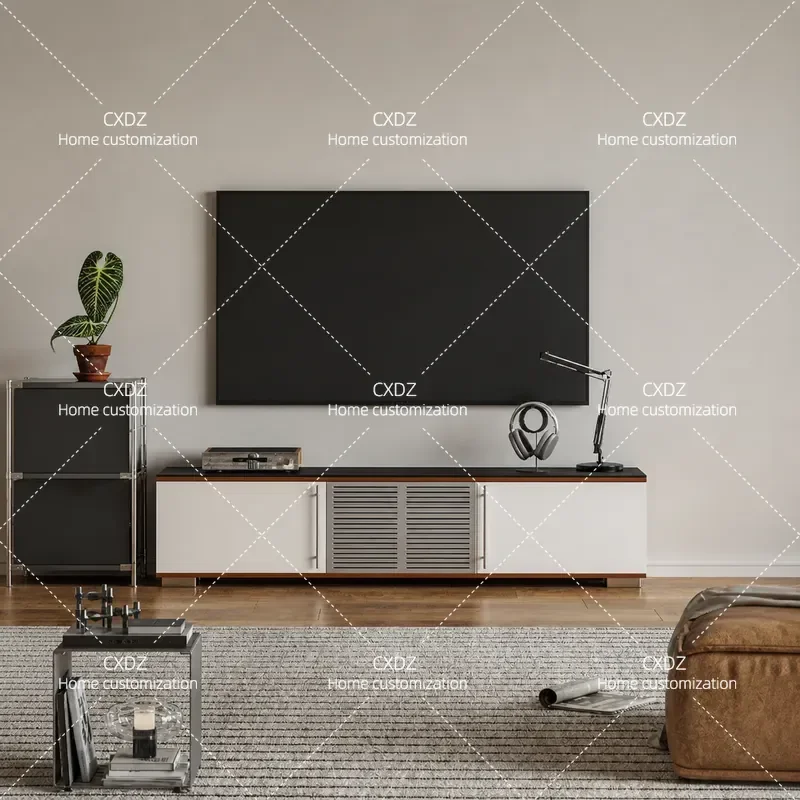Modern Minimalist Cream TV Cabinet Black and White Contrast Wall Mounted Floor Standing Wooden Storage Sideboard for Living