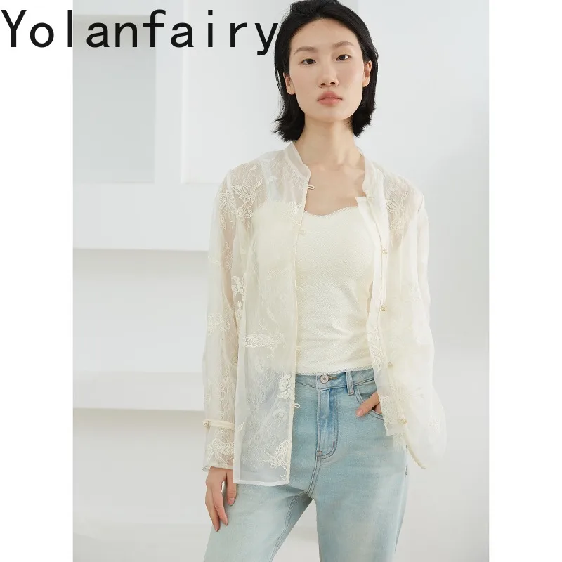 YOLANFAIRY Elegant Women Stand Collar Silk Cardigan 100% Mulberry Silk Top Coat Embroidery Lace Spliced Organza Outer Blouse