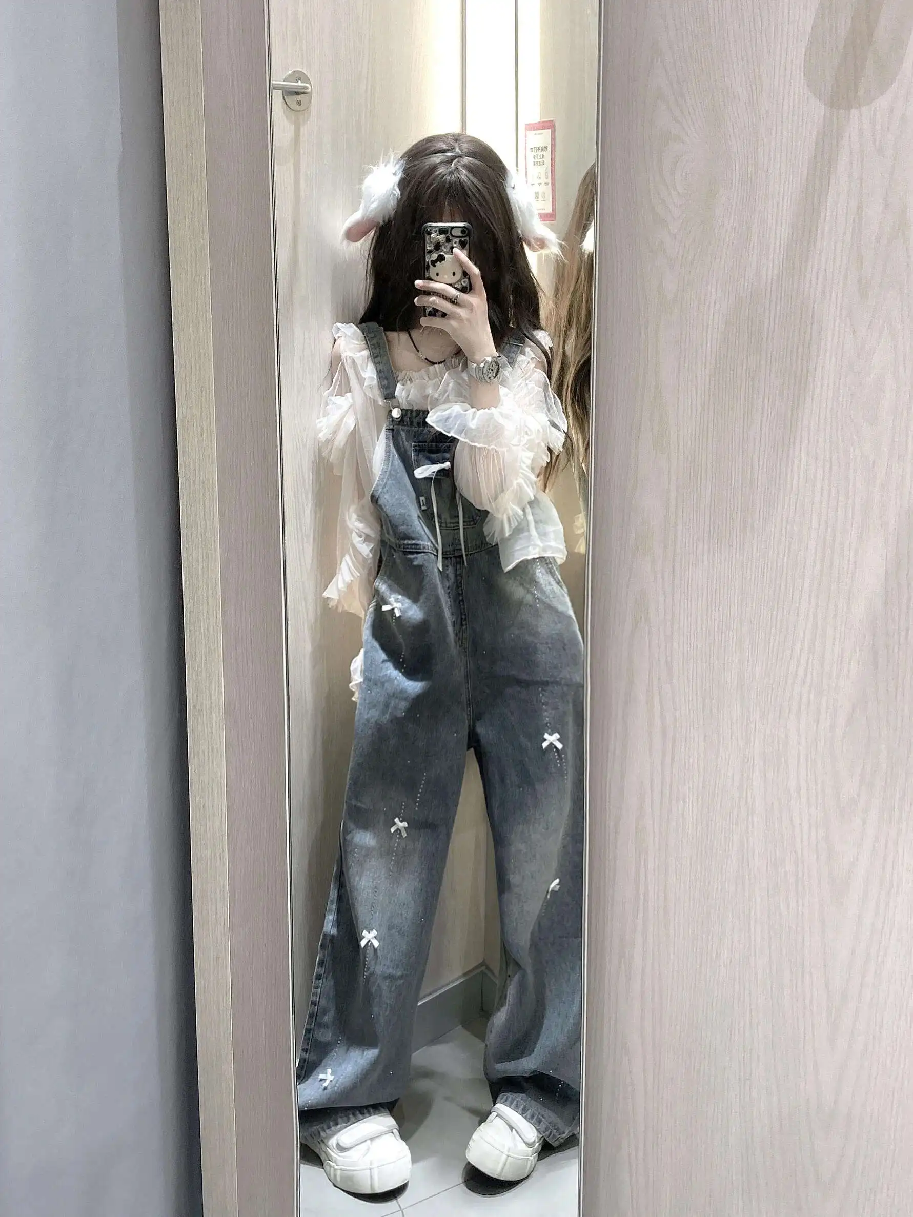 

Retro American Hot Girl Knot Lace Weave Belted Denim Overalls Women's Spring New Loose One-Piece Pants High Waist