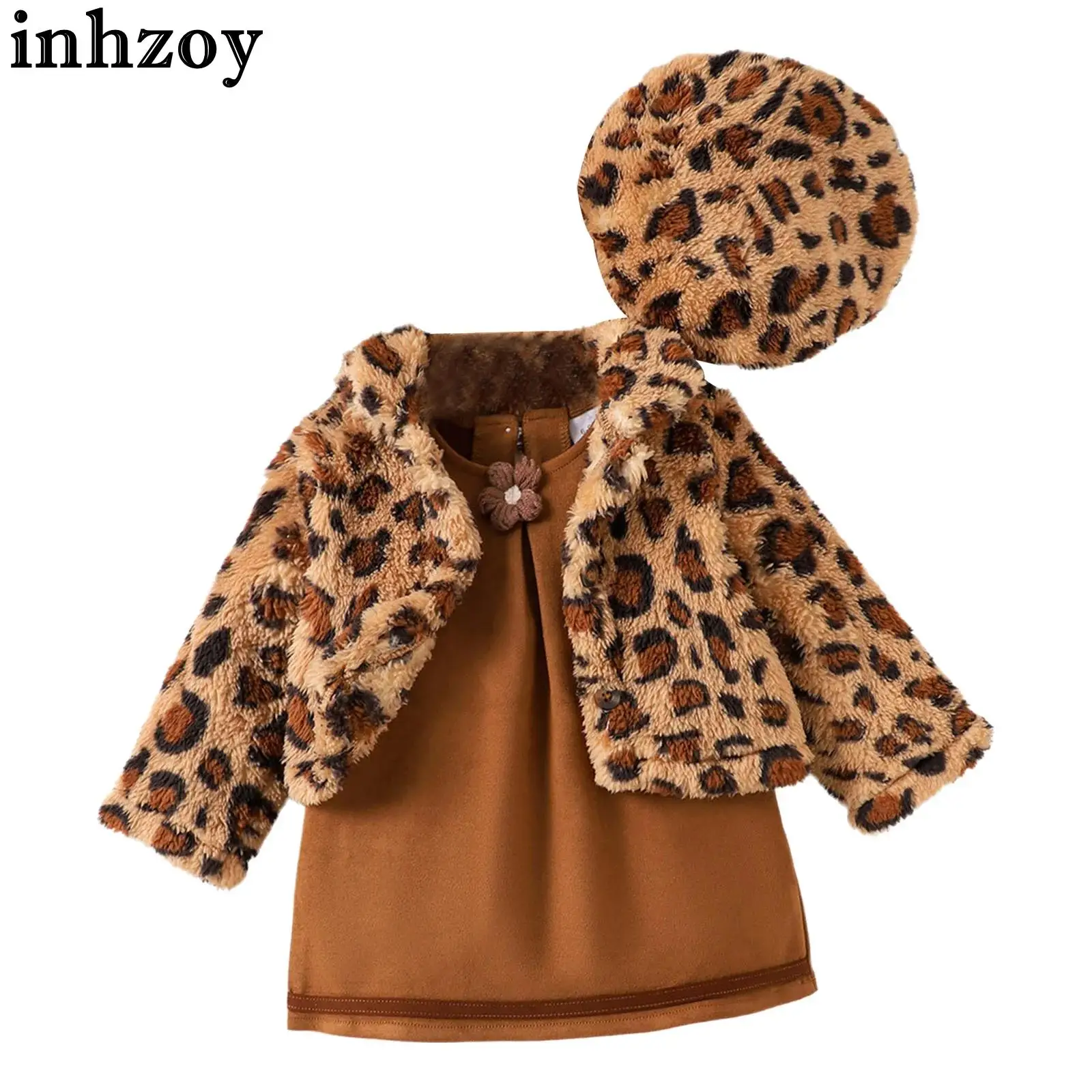 

Infant Girls Winter Warm Fashion Casual Leopard Print Outfit Long Sleeve Fleece Coat with Dress Beret Hat Birthday Party Costume