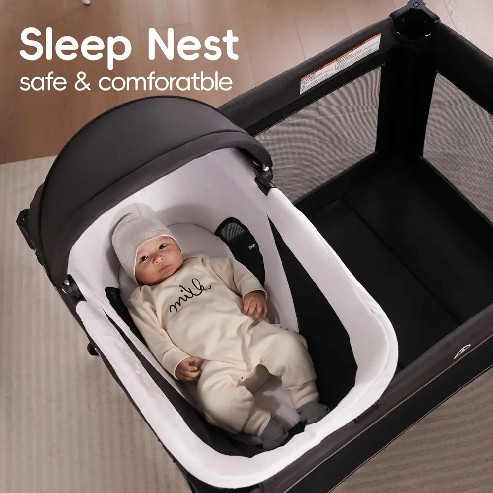 4 in 1 Baby Playpen with Bassinet Changing Station Portable Crib Breathable Mesh Net Safety Side Walls and Detachable Hanging 5
