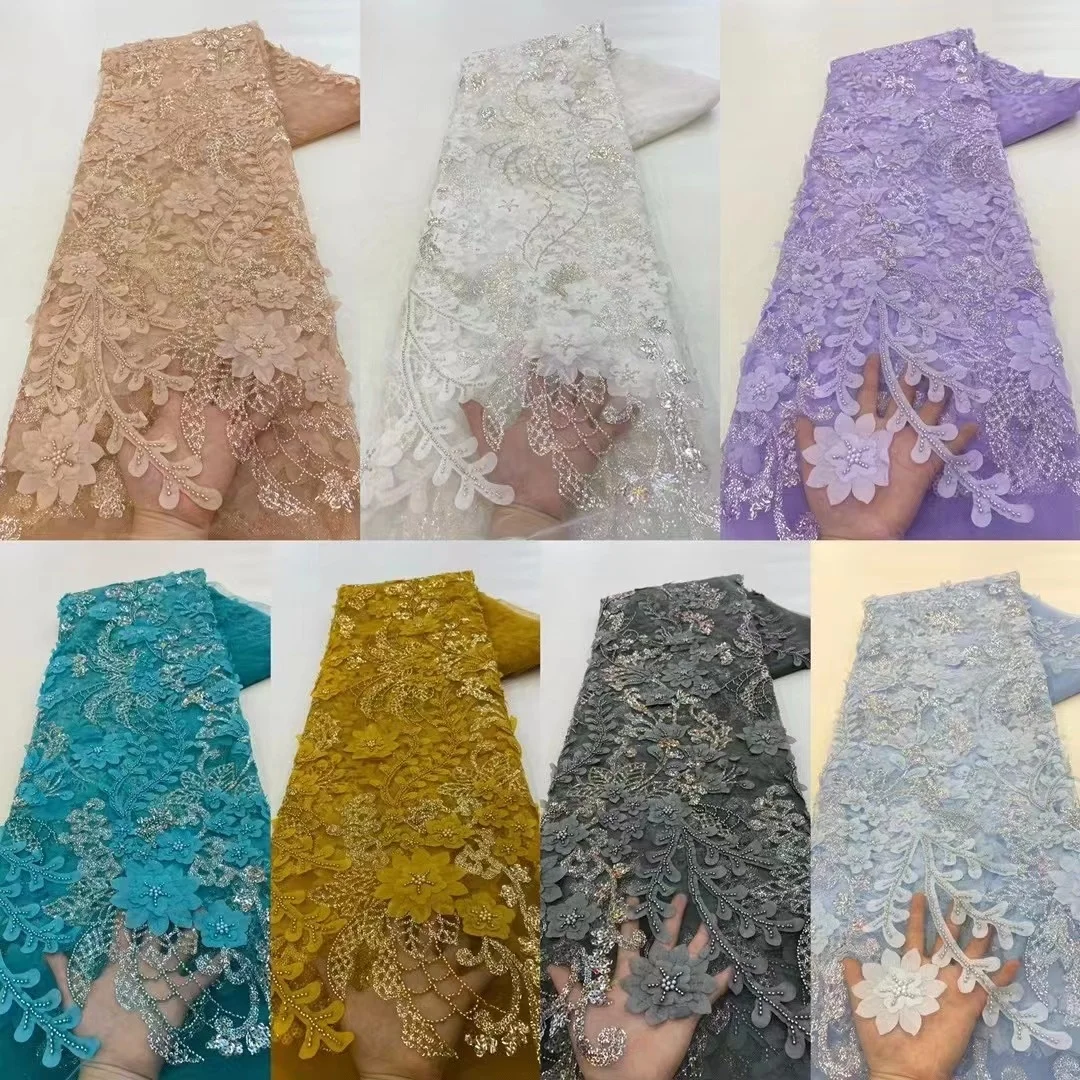 

French Tulle Lace Fabric 2024 High Quality Embroidery African 3D Flowers Lace Fabric With Beads Beaded Nigerian Mesh Lace Fabric