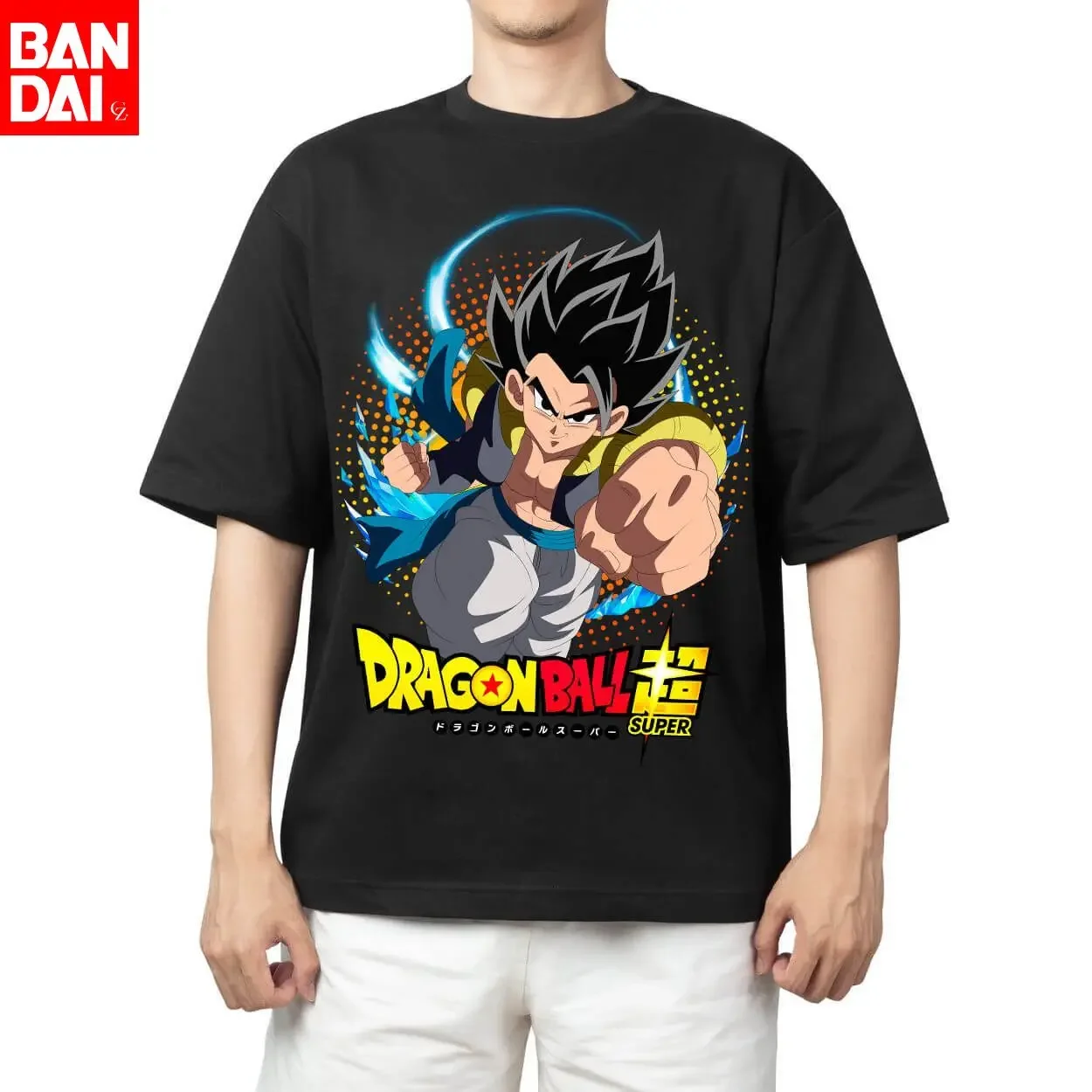 

Dragon Ball Super Gogeta Base Form Blue Energy Aura & Halftone Dot Background Print Oversized Cotton T-Shirt Men's Casual Anime