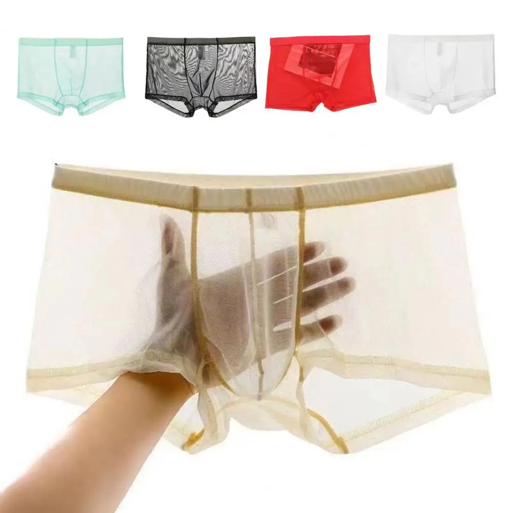 Plus Size Loose Men Boxer Summer Thin Perspective Mesh Yarn Shorts Briefs Underwear Mid-rise U-Convex Sexy Underpants