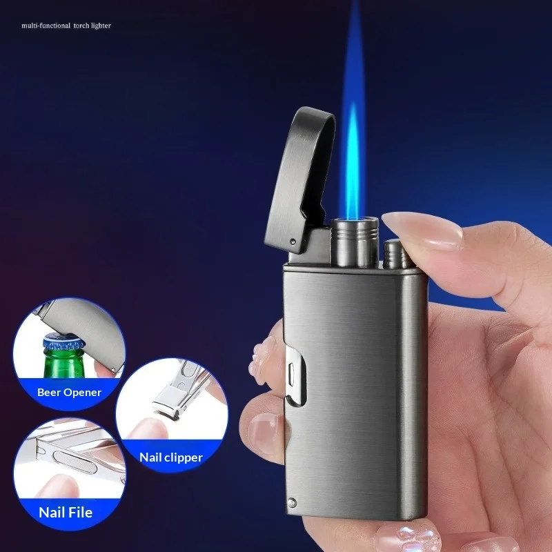2026 Multi functional Nail Clipper Windproof Jet Blue Flame Butane Gas Torch Lighter Outdoor Bottle Opener Cigar Lighters Gifts