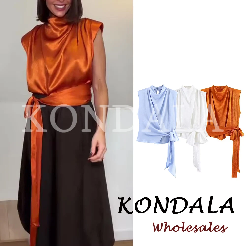 KONDALA Orange Short Lace-up Bow Woman Vest Asymmetric Tank Night Party Vintage Top Fashion 2026 Spring Modern Streetwear Vest