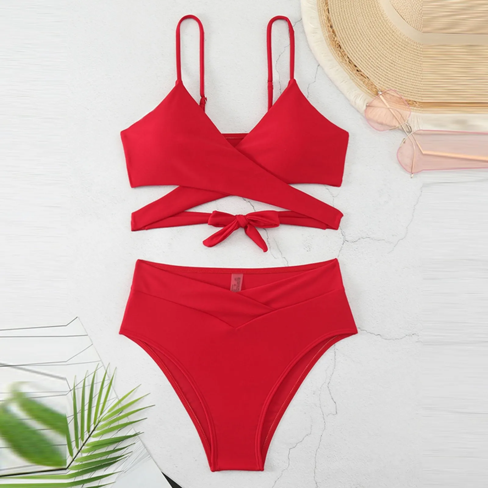 

2025 V Neck Cross String Two Piece High Waist Bikini Swimsuit Women Swimwear Female Bather Bathing Swimming Swim Suit Beachwear