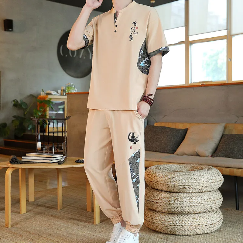 

short sleeve Cotton printing Sportswear Men's Fashion Two-piece set Male Casual Chinese style Shirts + Pants summer spring