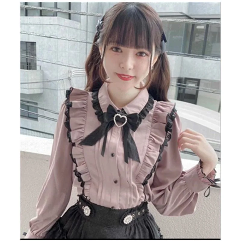 

Kawaii Soft Girl Japanese Shirt New Pink Peter Pan Collar Love Lace Shirt Sweet Cute Girls Y2k Tops Spring Antumn Blouse Women