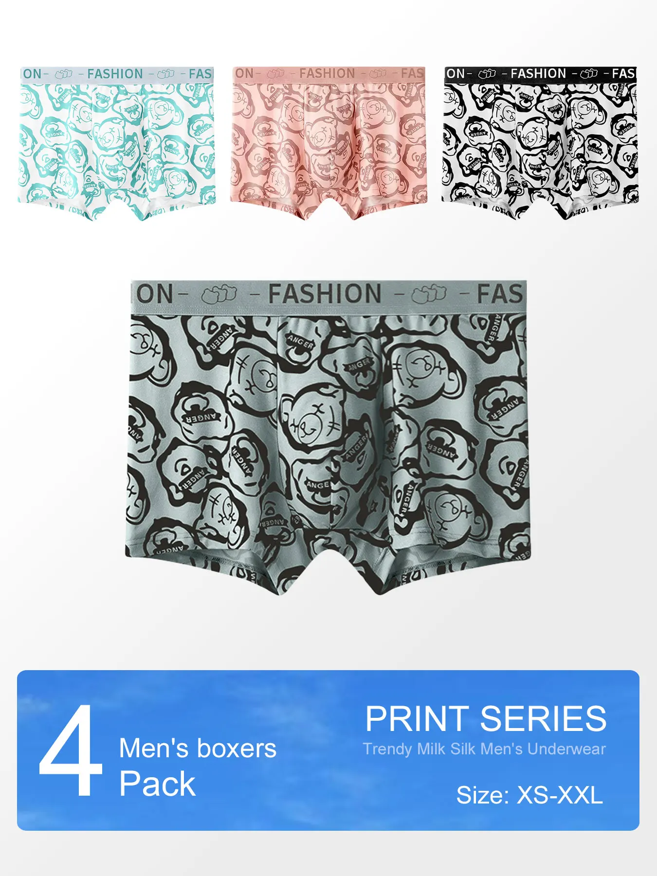 

Мужское нижнее белье с принтом медведя из 4 предметов: персонализированные, модные, удобные и дышащие мужские трусы.