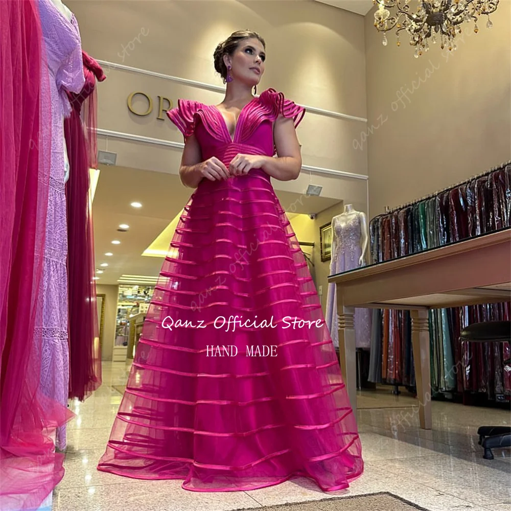 Qanz verde esmeralda elegante vestidos de baile profundo decote em v tule vestidos de noite longos até o chão vestido de ocasião formal personalizado