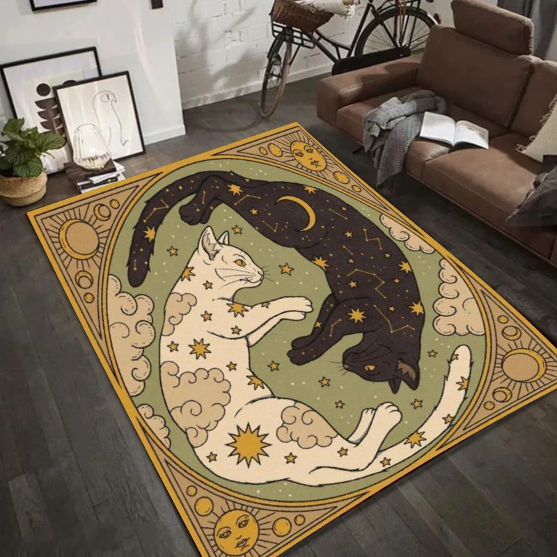 Yin Yang Cat & Tiger Rug - Celestial Sun Moon Star Pattern Carpet Mat for Living Room Home Decoration Living Room Decoration