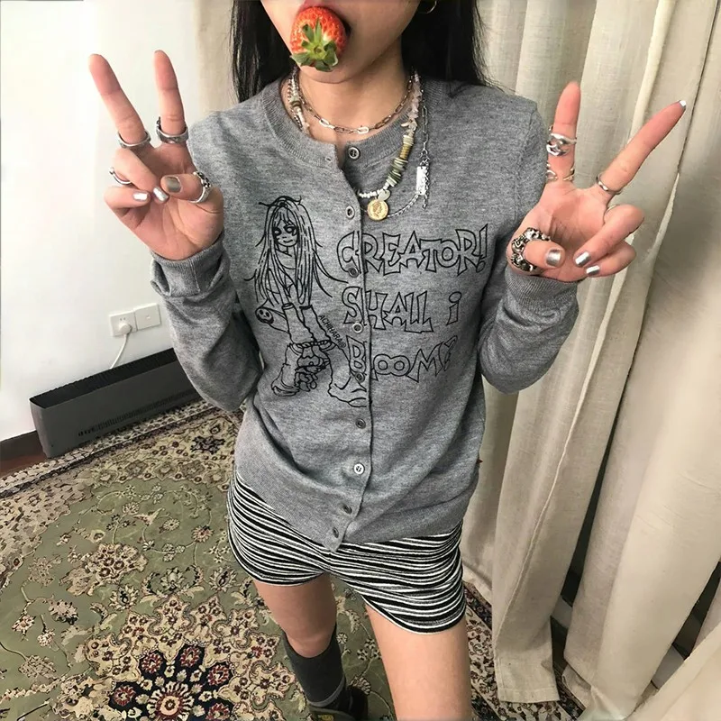 Karrram Japanese Y2k Anime Print Cardigans Vintage Harajuku Knitted Outerwears Korean Style Grey Knitwear American Retro 2000s