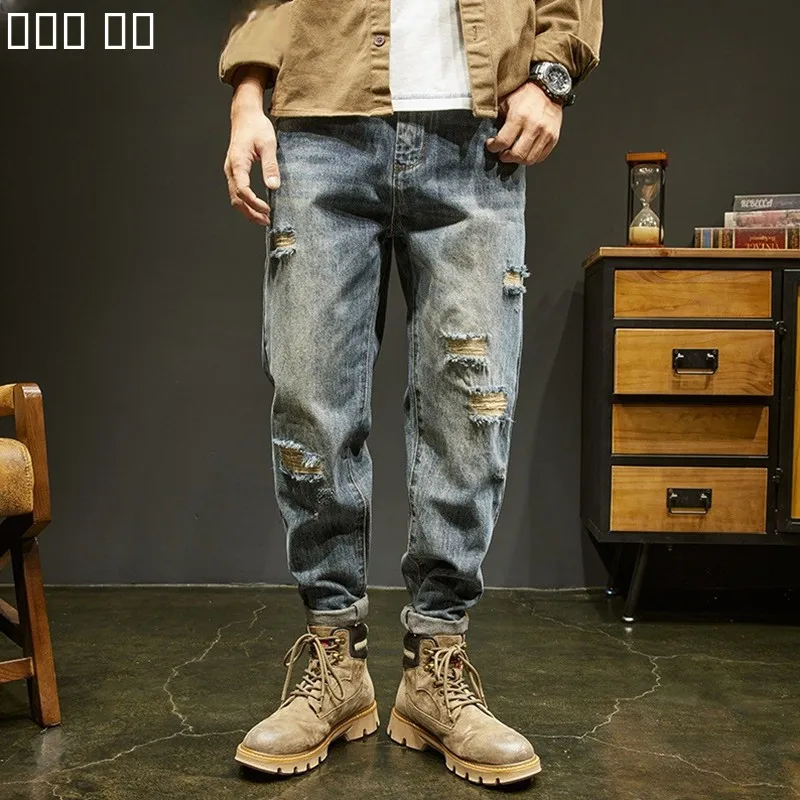 

Trendy Japanese Men's Loose Fit Denim Jeans Fall Seasonal Hole Punching American Retro High Street Slim Harlan Pants