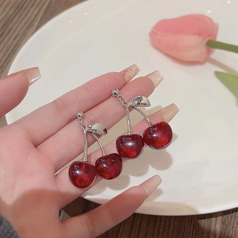 New Sweet Summer Red Transparent Cherry Fruit Fashion Long Ear Nail Earrings Fashion Black Anime Earring For Women Party Jewelry