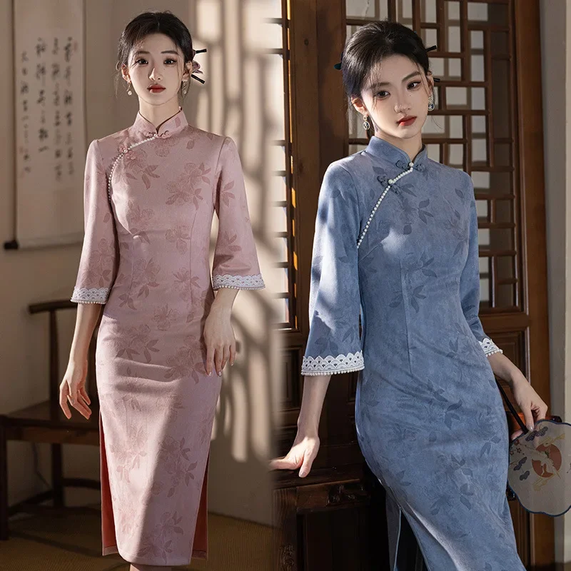 

Весенне-осенний стиль, китайское длинное стильное модифицированное платье Cheongsam 2025 года, новое облегающее платье Ципао с длинными рукавами в стиле ретро для молодых женщин