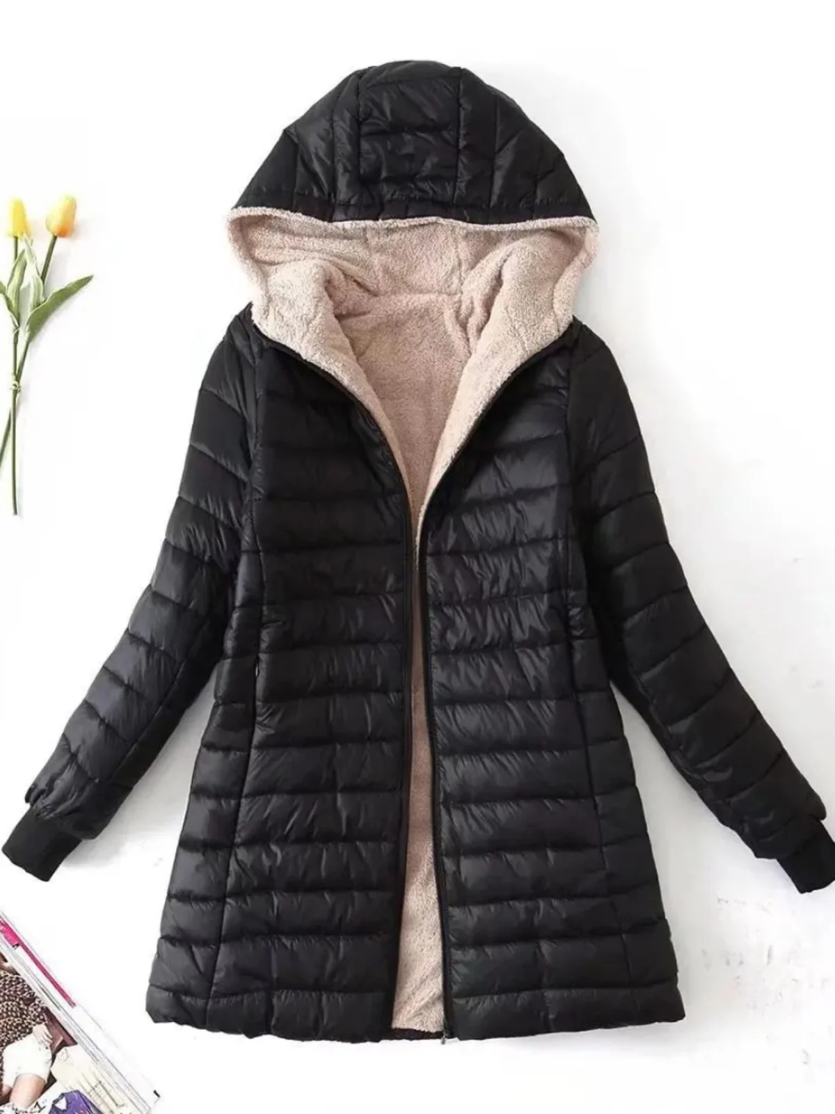 

Korean Sle Hooded Cotton Jaet Women's Fce Lined Padded Coat Street Sle Loose Fit Long Sve Zipper Closure