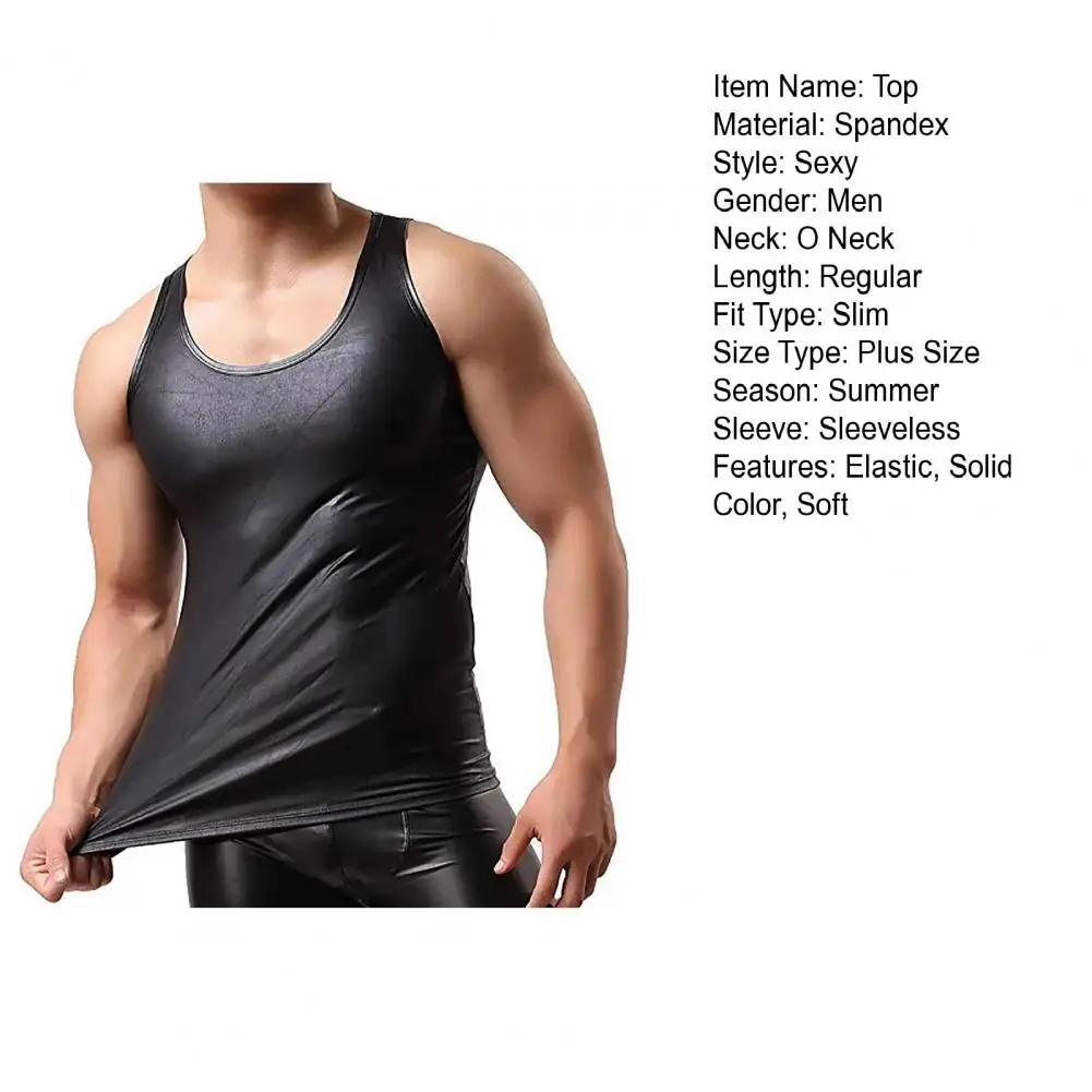 Men Sexy PU Leather Tank Top Sleeveless Erotic Shaping Sheath Stretch Shirts Soft Latex Bodycon Patent Leather T-shirt Club Vest