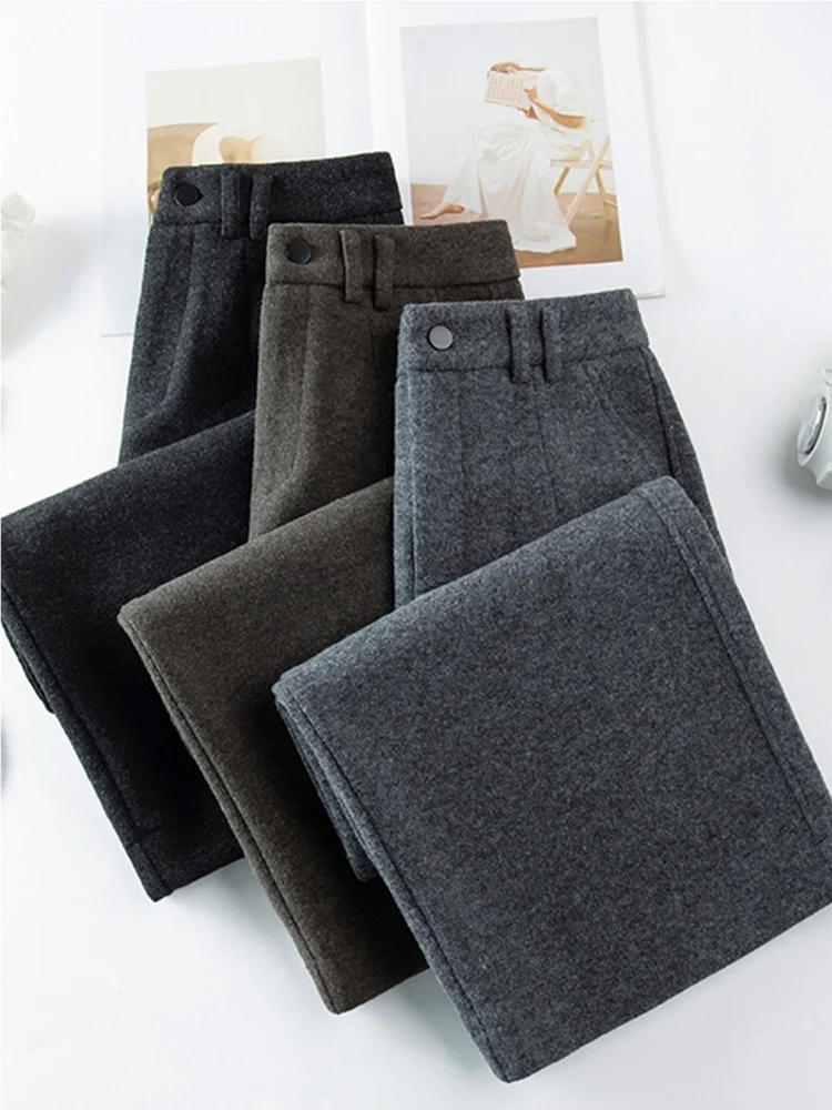 Cintura alta tweed calças de perna larga feminina outono inverno 2025 nova versão coreana sle corte reto casual nove pontos calças