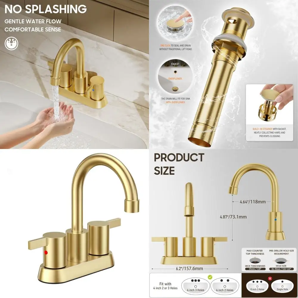 

4 Inch Lead-Free Brushed Gold 2-Handle Centerset Bathroom Faucet with Swivel Spout, Copper Pop-Up Drain and Water Supply Lines