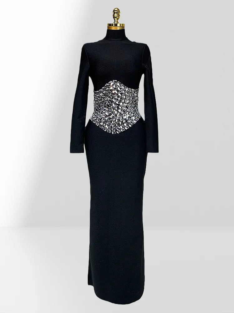 

2025 New Winter Luxury Sparkling Waist Diamonds Hips Package Long Bandage Dress Elegant Woman Party Dress Birthday Vestido