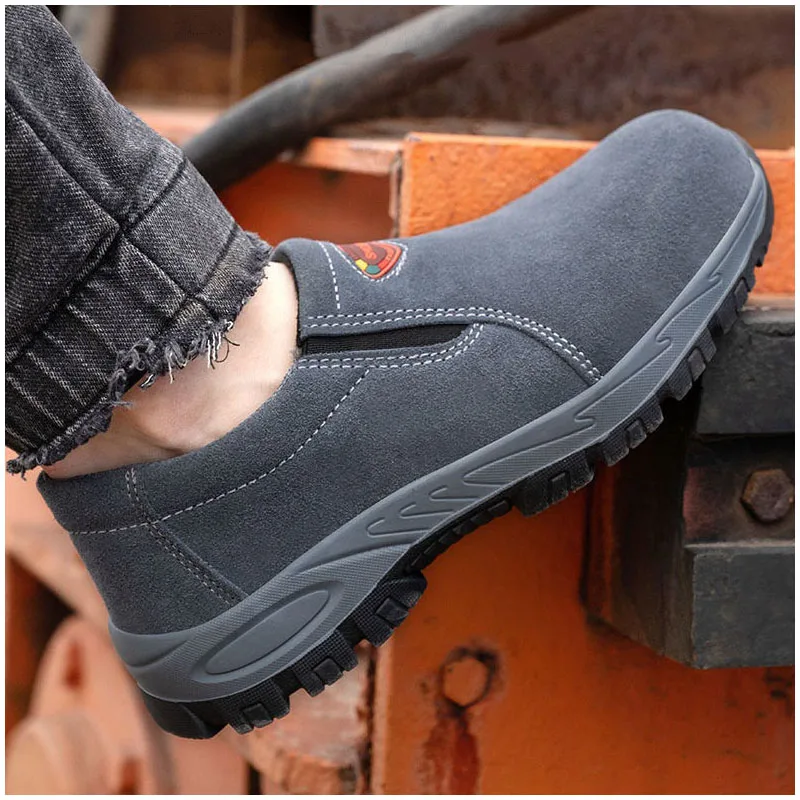 

Мужские повседневные дышащие стальные носки, рабочая защитная обувь, безопасная обувь без шнуровки из коровьей замши, серая защитная обувь для рабочего обуви, защитные ботинки