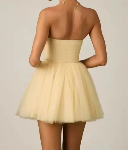 

Elegant Yellow Sweetheart Mini Prom Dresses Low-Cut Tulle A-Line Side zipper design Birthday Party Cocktail Prom Vestido
