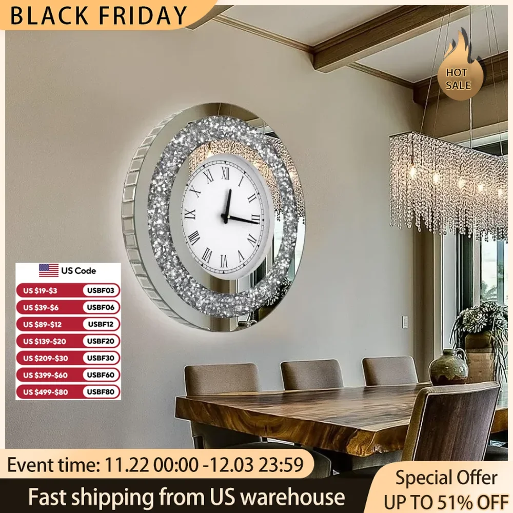 Wall Decororation Crystal Sparkling Diamond Mirror Large Wall Clock for Wall Decoration Living Room Decoration Home Decor Clocks