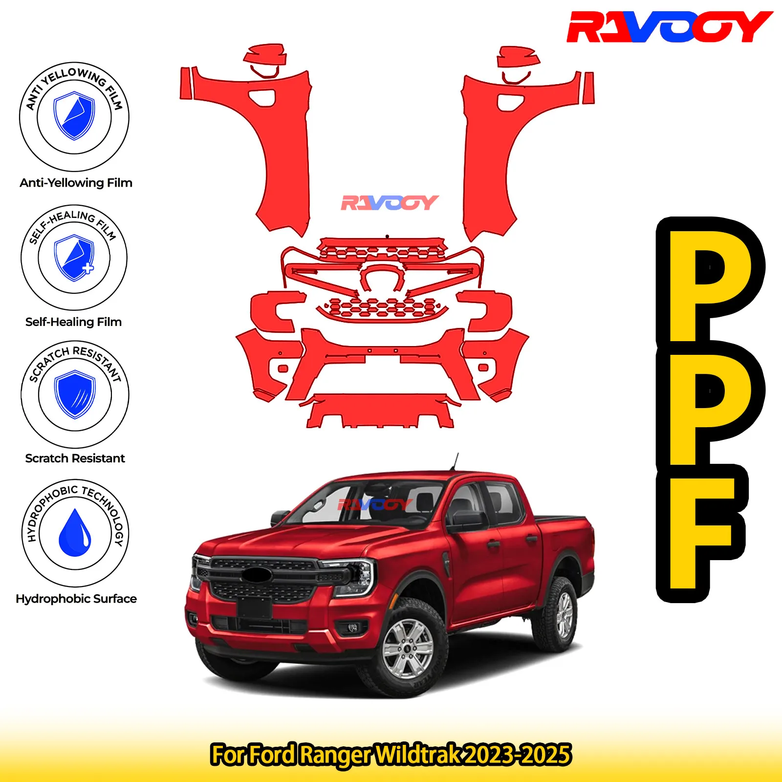 

Для Ford Ranger Wildtrak 2023-2025 глянцевая матовая черная предварительно вырезанная передняя защитная пленка PPF комплект