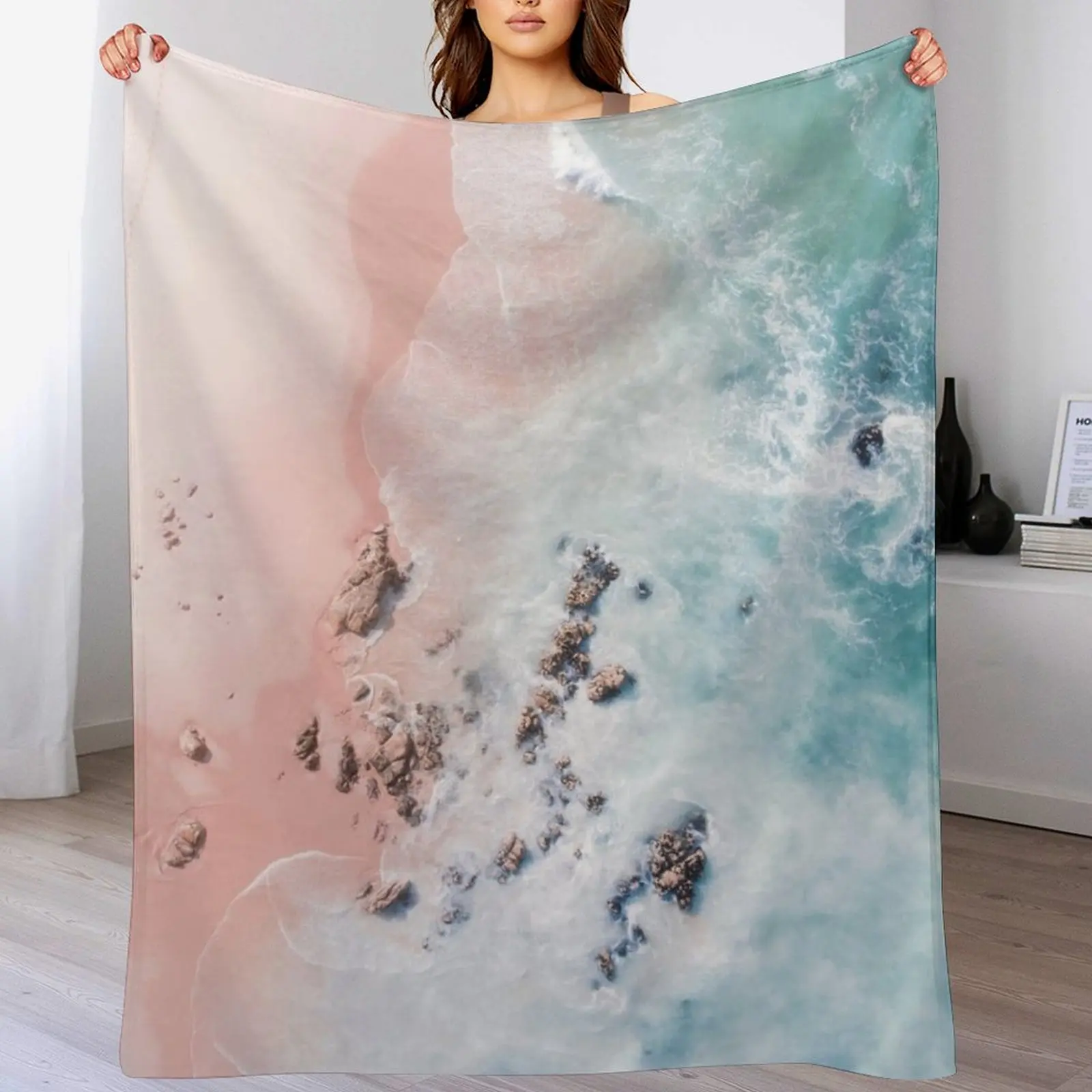 Sea Bliss - Aerial Pink Beach Ocean Sea photography by Ingrid Beddoes Throw Blanket