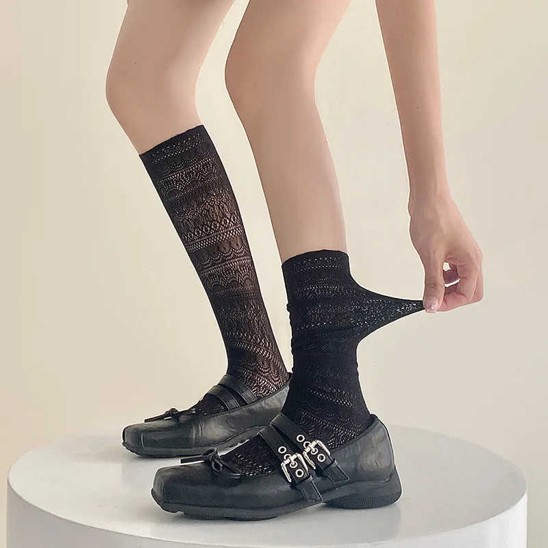 Women's Nylon Hollow Out Lace Socks, Fashionable Sheer Mesh Mid-Calf Sock  for Daily Wear & Cosplay Lolita Japanese Style Socks