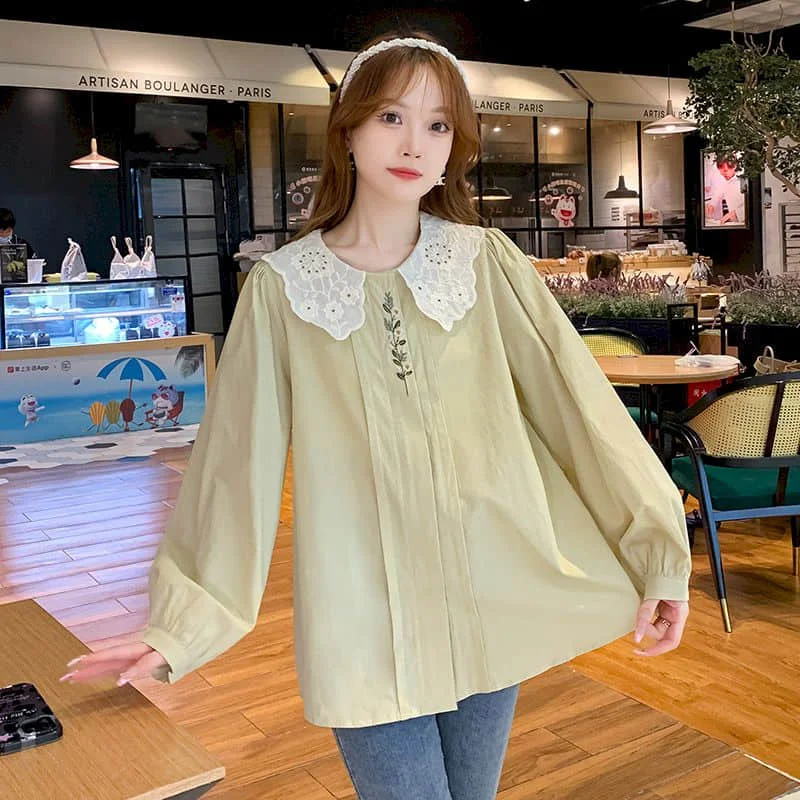 

Shirts for Women Korean Style Solid Doll Collar Oversized Cardigans Long Sleeve Casual Loose Single Breasted Blouse Women Tops