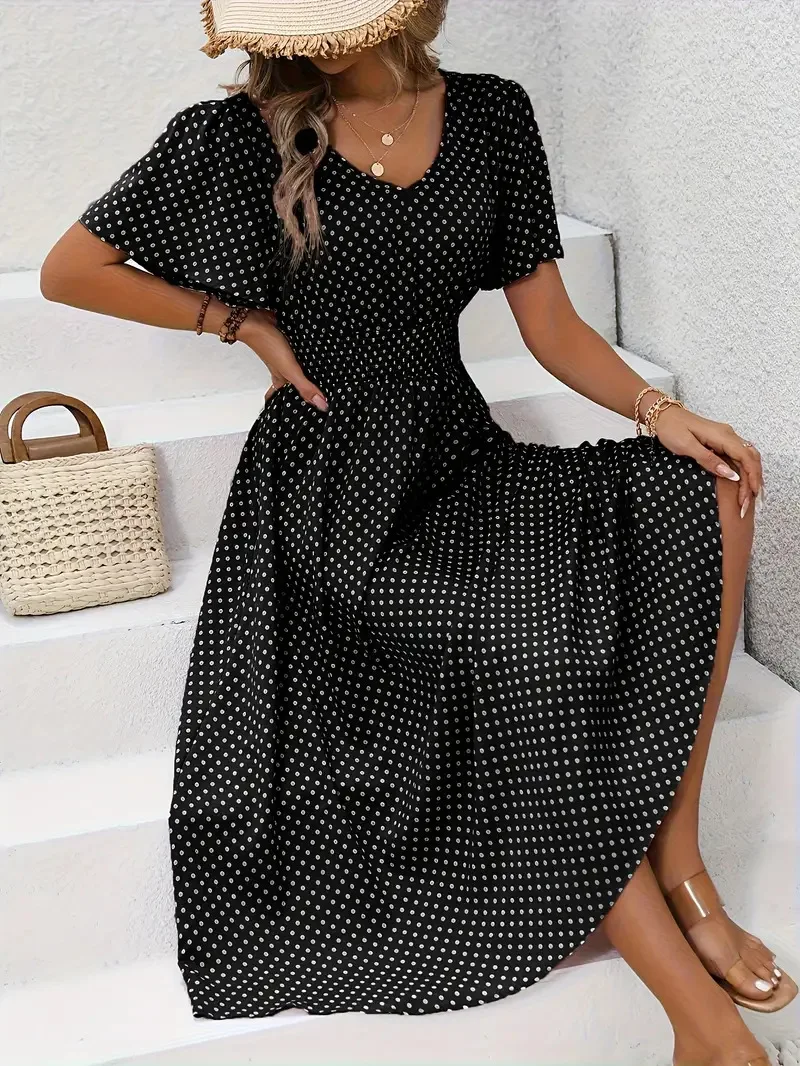 QX Dress V-neck Polyester-free Long Dress Polka Dot Basic Dress Evening Dress Elastic Waist Japanese And Korean Casual