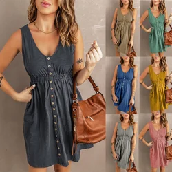 Vestido sem mangas de verão feminino, com botão para baixo, elástico na cintura, vestidos curtos lisos soltos, regatas casuais, plus size