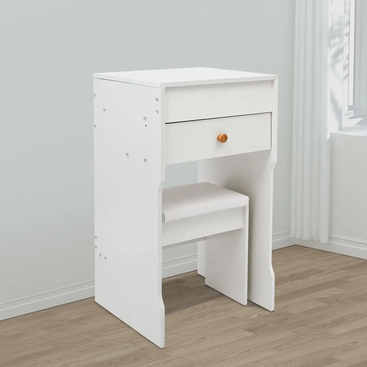 

NEW 2 in 1 Vanity Desk, Mini Flip Top Vanity Set w/ Mirror&Drawer&Cushioned Stool, Corner Vanities Nightstand for Bedroom(White)