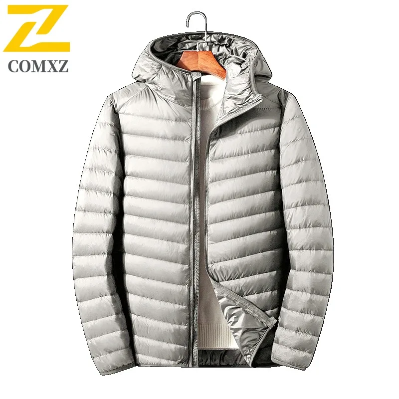 COMXZ Men's Down Jacket Short Trendy Lightweight Casual Skiing Puffer Jacket Street Versatile Solid Color Hooded Winter Jacket
