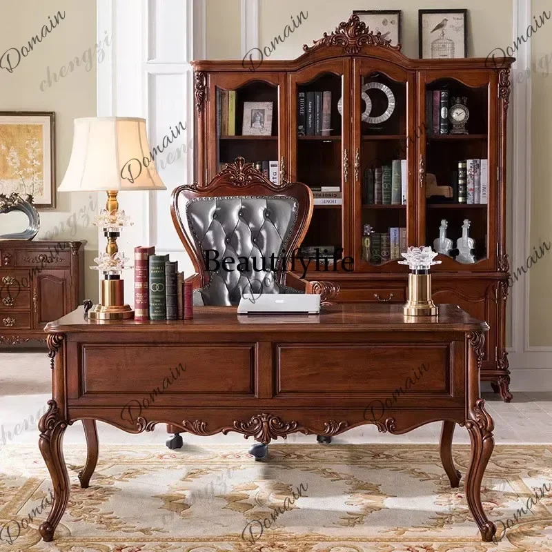 UHV American all-solid wood desk home study office computer desk European retro writing desk engraving