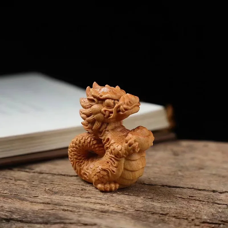 Solid Wood Small Fire Dragon Ingot Fortune Statue Natural Wooden Hand Carved Cute Home Room Mini Feng Shui Decoration Statue