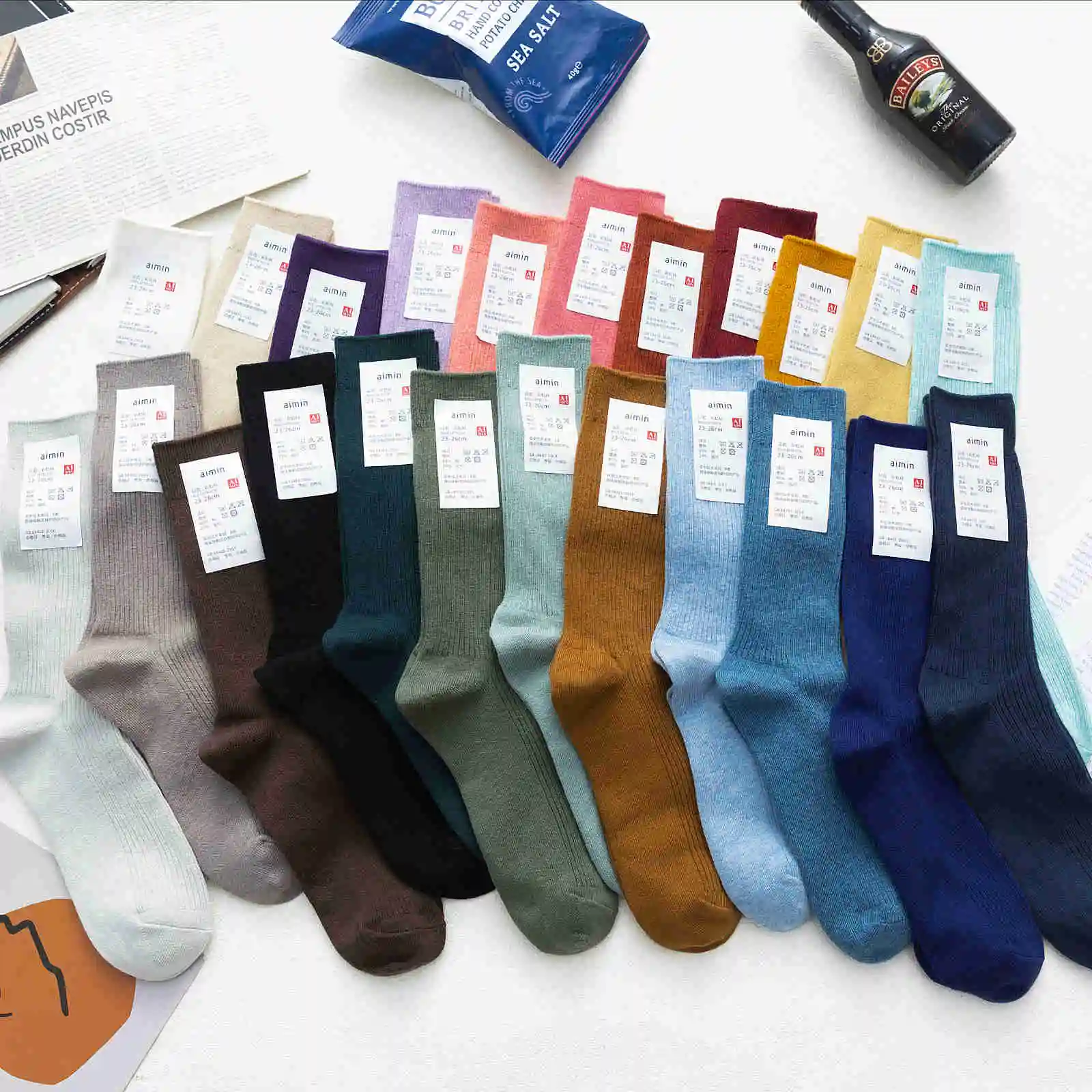 Japanese Casual Korea Loose CHAOZHU Long Men Socks Double Needles Cotton Knitting Business Daily Basic Solid Colors Sox For Men