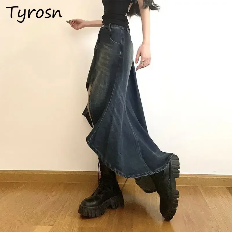 

Denim Midi Skirts Women Washed Vintage Irregular Design Ulzzang Prevalent Streetwear Hipster Casual Fashion All-match High Waist